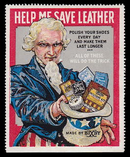 Vintage stamp showing Uncle Sam holding shoe polish tins with 'Help Me Save Leather' text on red background