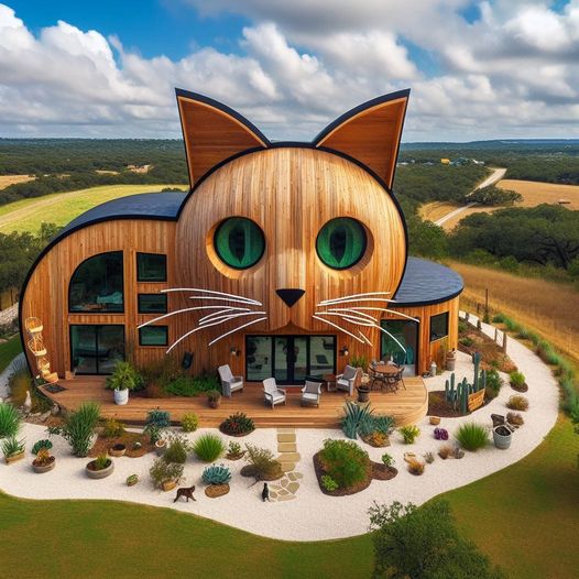 Wooden house shaped like a cat face with green eyes, pointed ears, and whiskers, surrounded by a garden