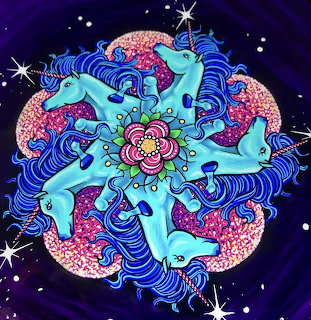 Circular mandala with six turquoise unicorns radiating from a pink and yellow floral center against a dark starry sky