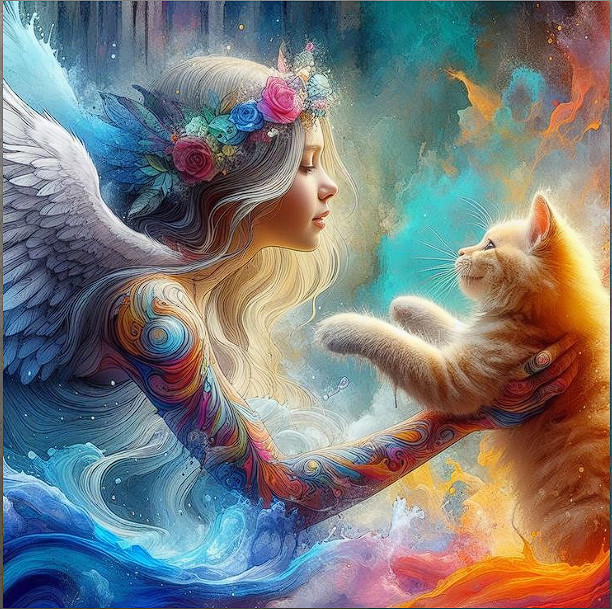 Fantasy winged woman reaching toward an orange cat in a glowing colorful scene
