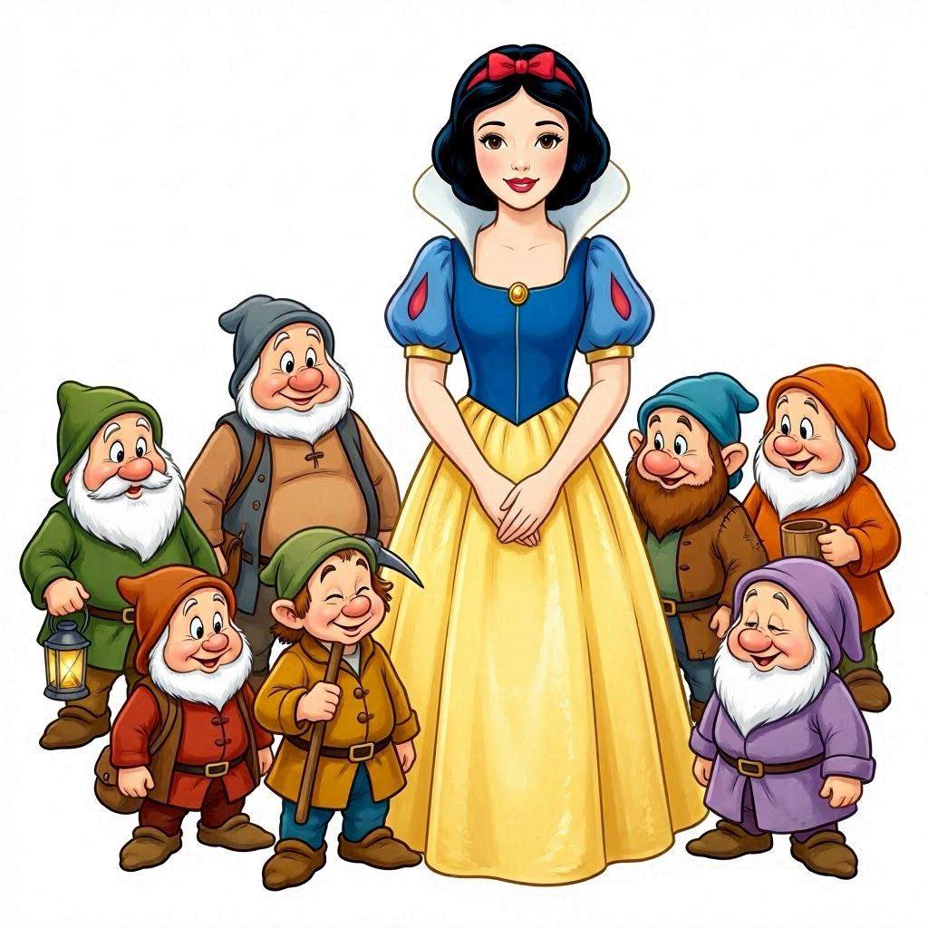 Snow White in yellow dress surrounded by seven dwarfs with colorful outfits