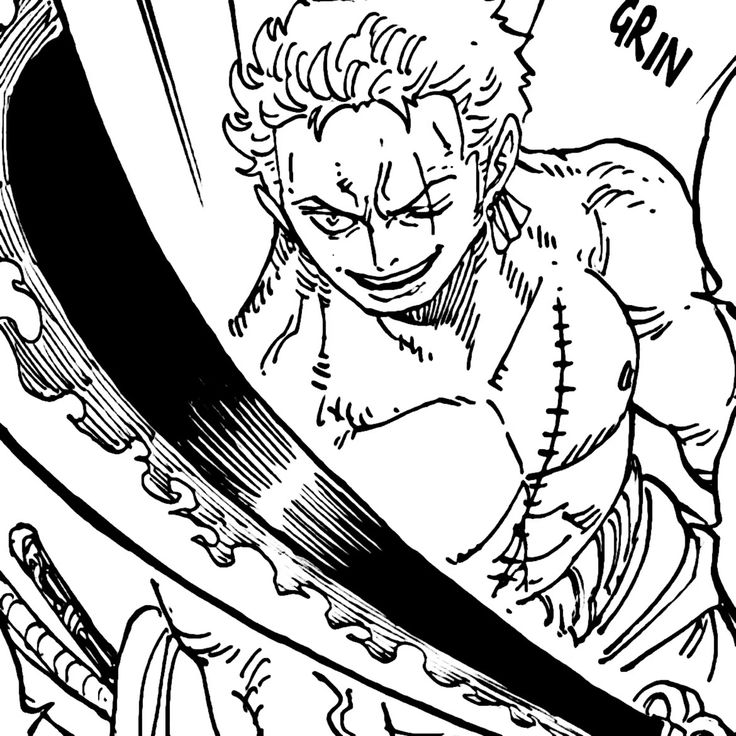 Manga drawing of muscular swordsman Zoro holding a large blade in dynamic pose