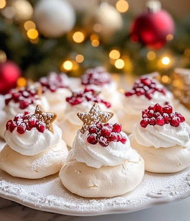 White meringue cookies decorated with red berries and gold accents on a festive Christmas background