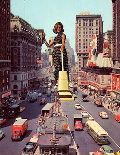 Giant woman with mop standing over New York city street in surreal vintage photo