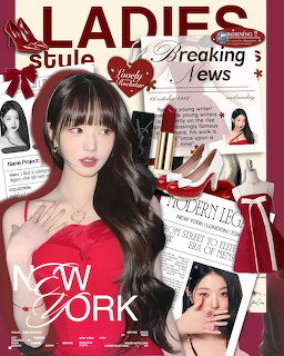 Magazine-style collage with young Korean woman in red dress surrounded by fashion items and text overlays