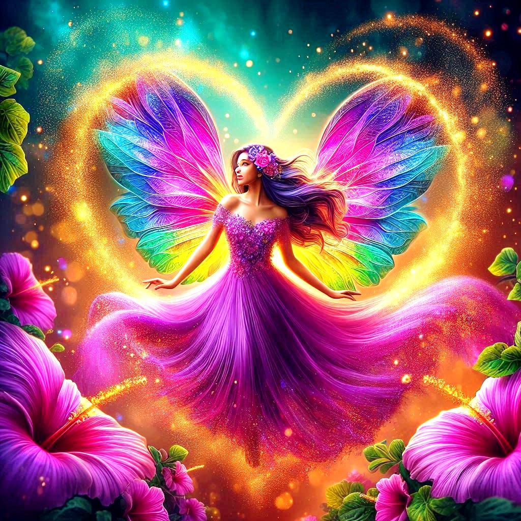Fantasy fairy with glowing butterfly wings, purple dress, and bright tropical flowers