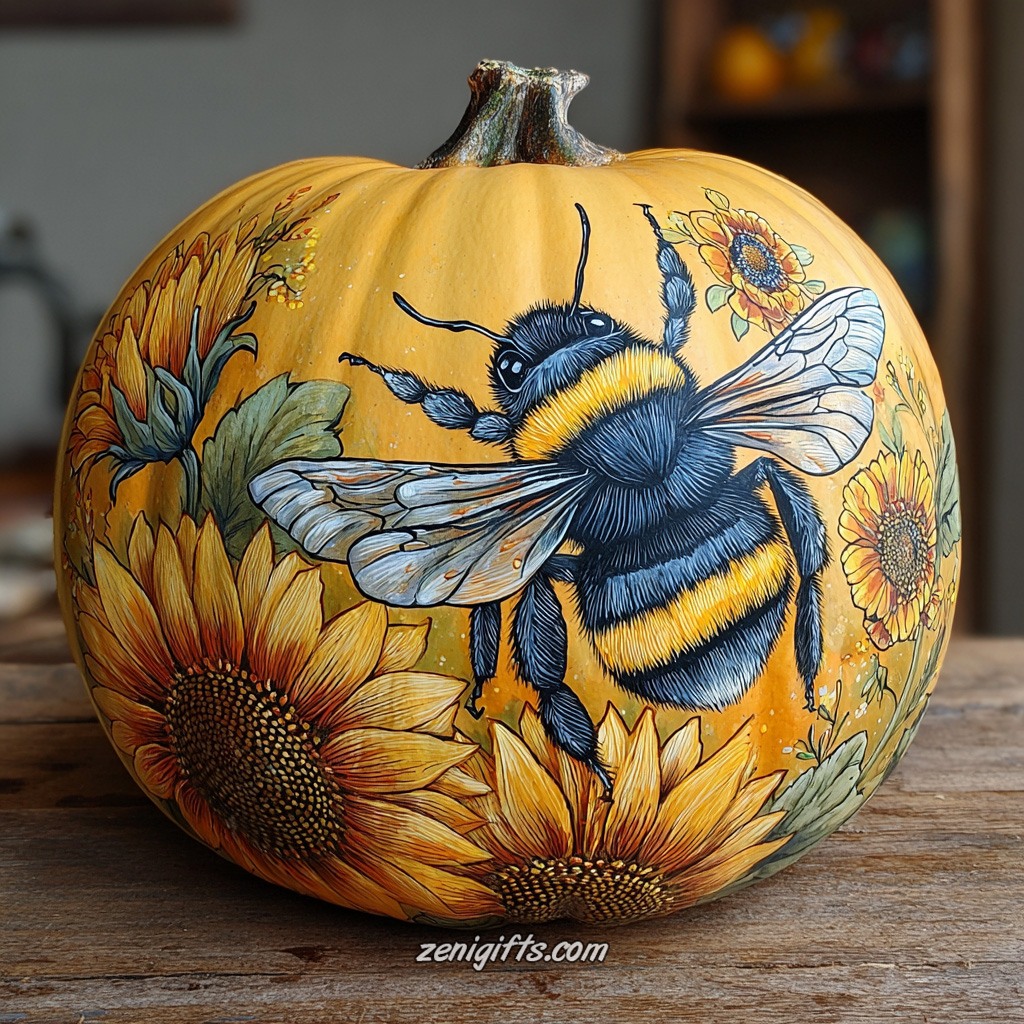 Hand-painted pumpkin featuring a realistic bumblebee surrounded by yellow sunflowers on golden orange surface