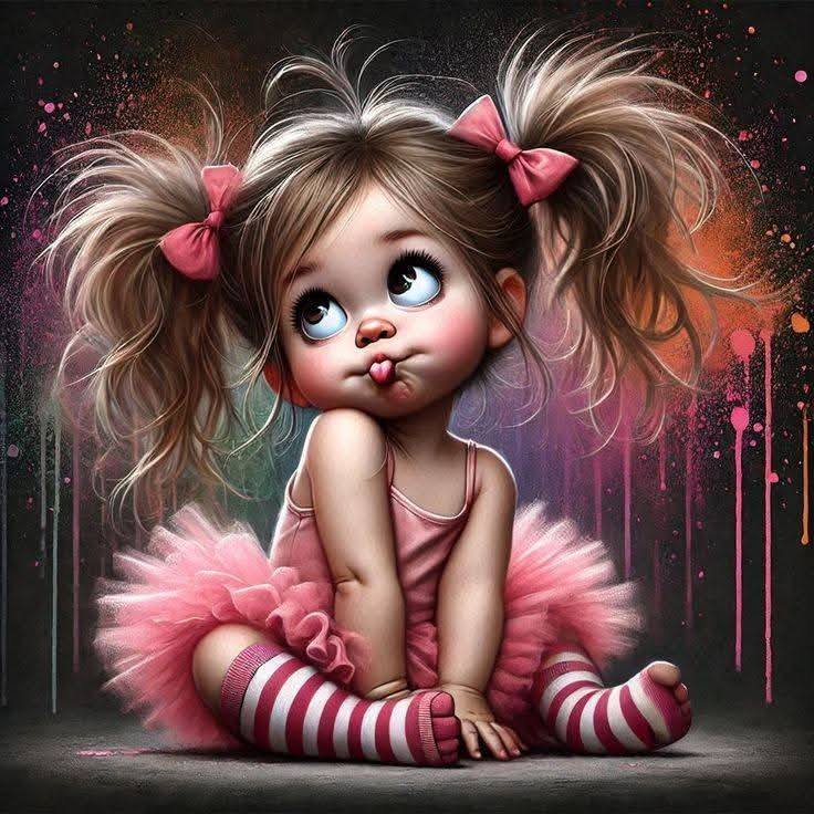 Illustrated girl with big hair, pink bows and tutu, sitting with hand on chin in thoughtful pose
