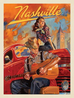 Illustrated poster of a cowboy playing guitar next to a woman on a red vintage truck with Nashville text