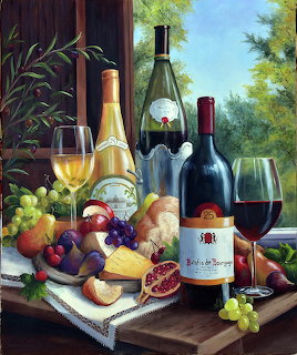 Still life painting with wine bottles, grapes, cheese and fruit on a table