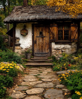 Rustic cottage with thatched roof and wooden door, stone path through autumn garden with yellow flowers