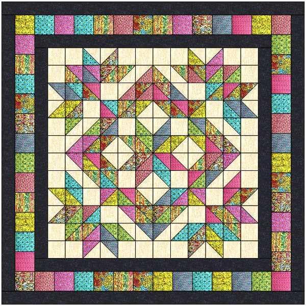 Colorful patchwork quilt with geometric star pattern and floral border on cream background