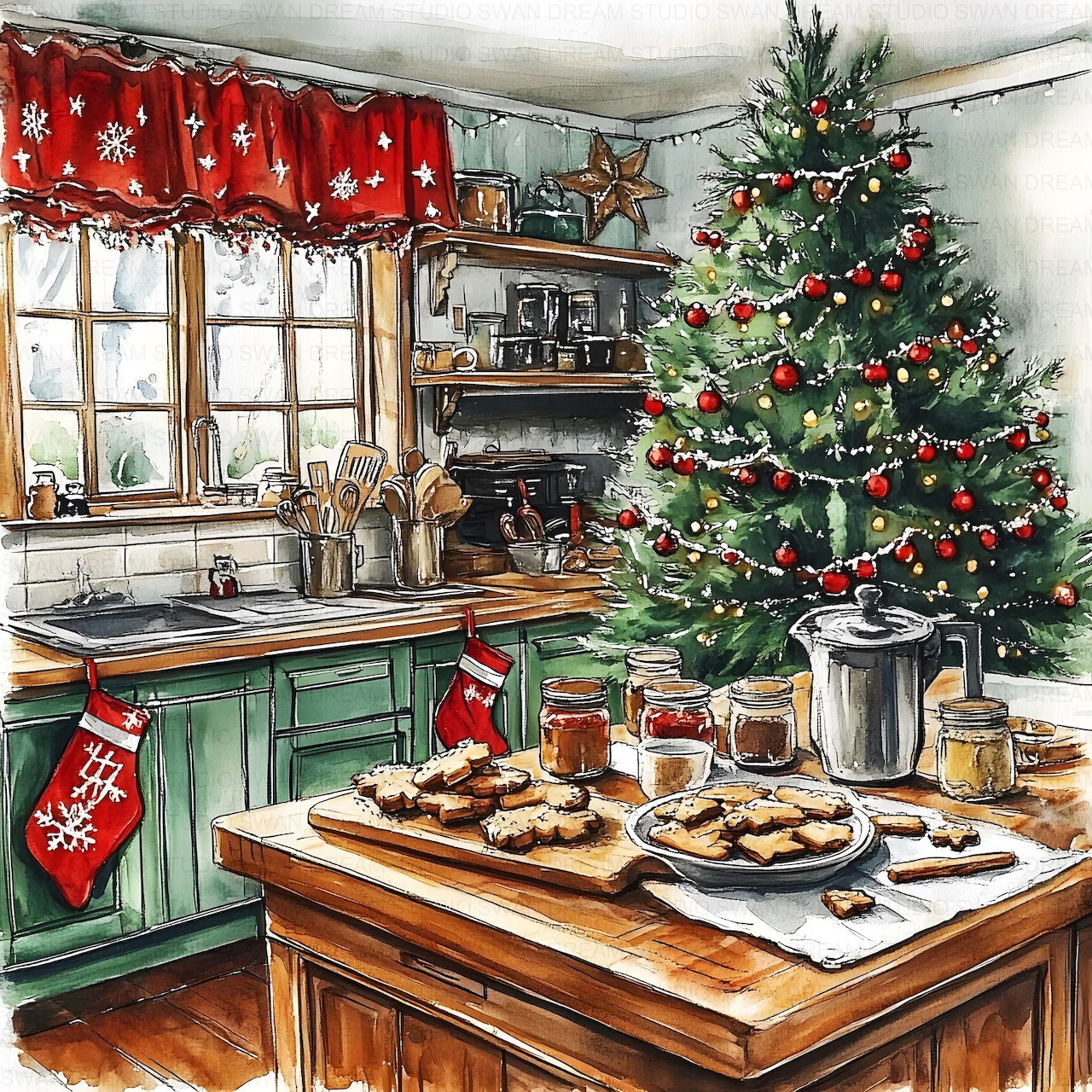 Christmas tree and holiday cookies in a decorated kitchen with green cabinets and red festive curtains