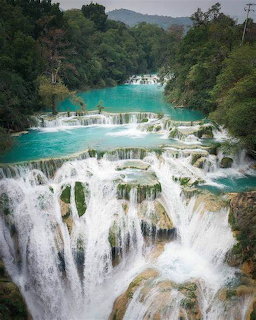 Turquoise waterfalls cascading over white limestone formations in tropical forest