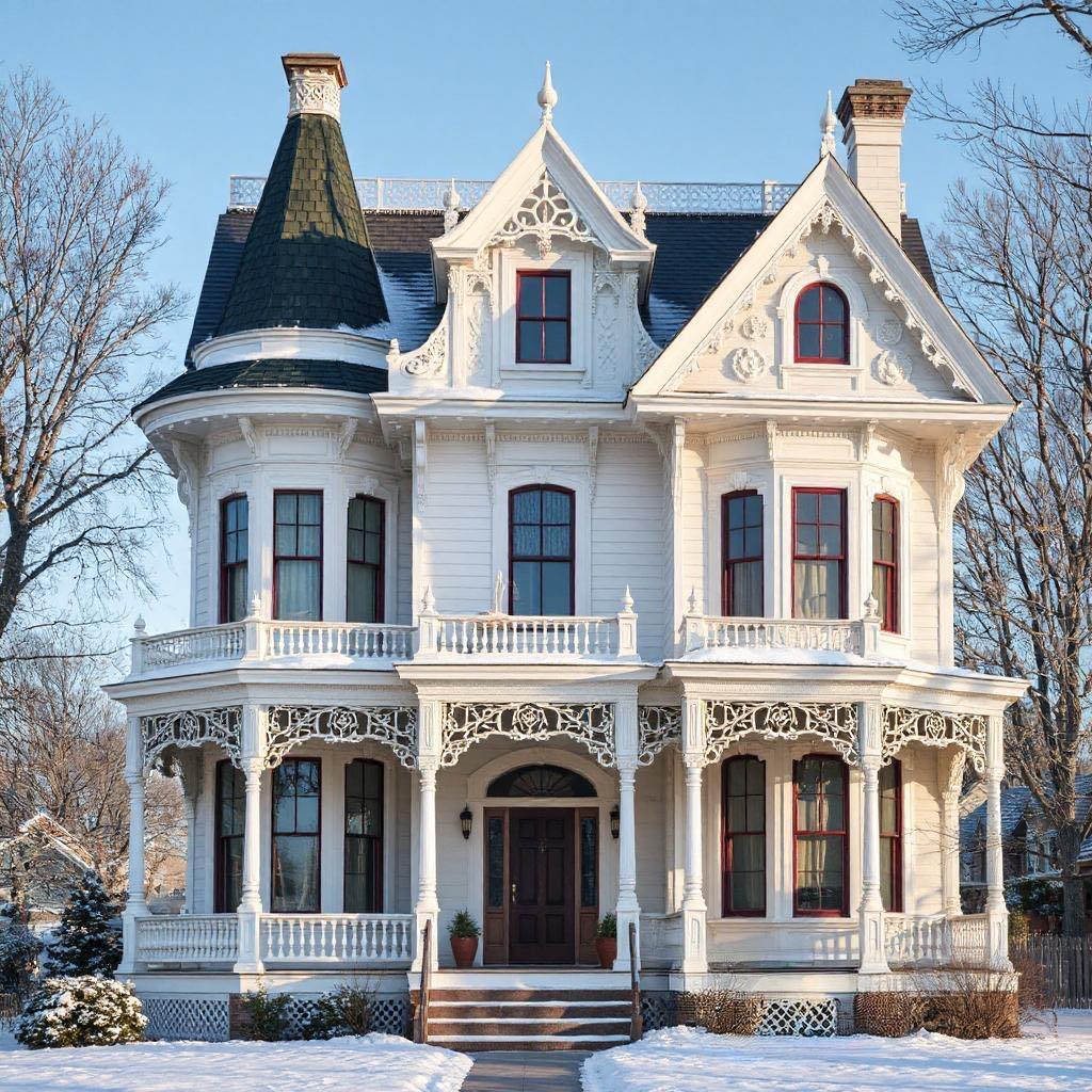 Cream Victorian mansion with ornate detailing, turrets, and balconies in winter snow