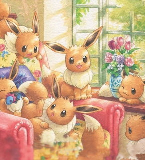 Multiple Eevee Pokémon characters enjoying tea and treats in a sunny indoor setting with flowers and desserts