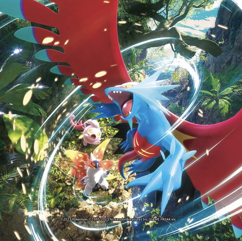 Roaring Moon Pokemon in aerial battle with glowing energy effects over jungle landscape