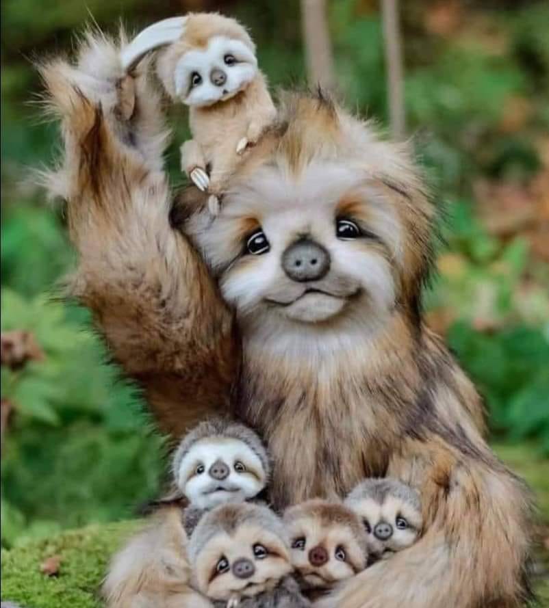 Mother sloth holding baby sloths with one her head in a grassy outdoor setting