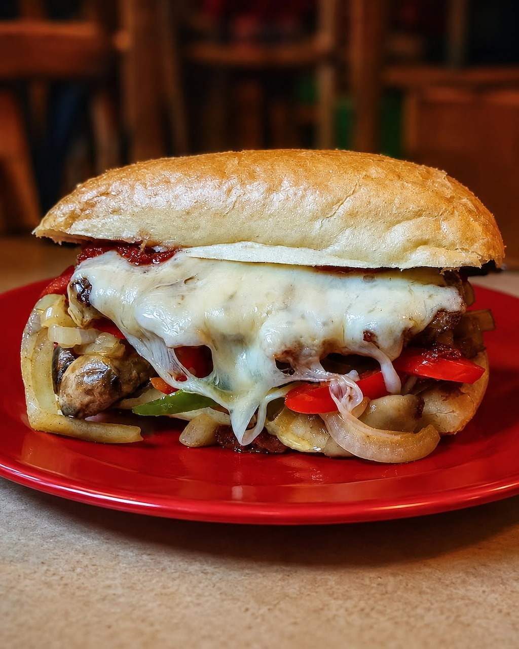 Cudighi sandwich with melted cheese, sautéed peppers, mushrooms and onions on a red plate