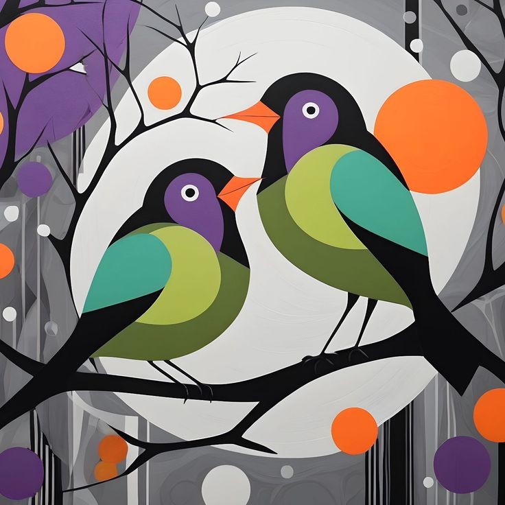 Two colorful stylized birds on black branches in an abstract gray, purple, and orange scene