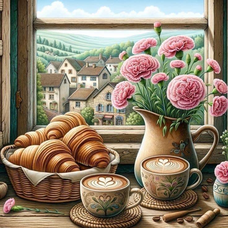 Coffee cups and pink roses on windowsill with village view