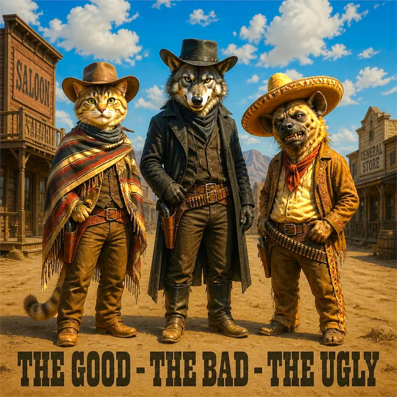 Three cats in cowboy outfits standing in an old Western town street under blue sky