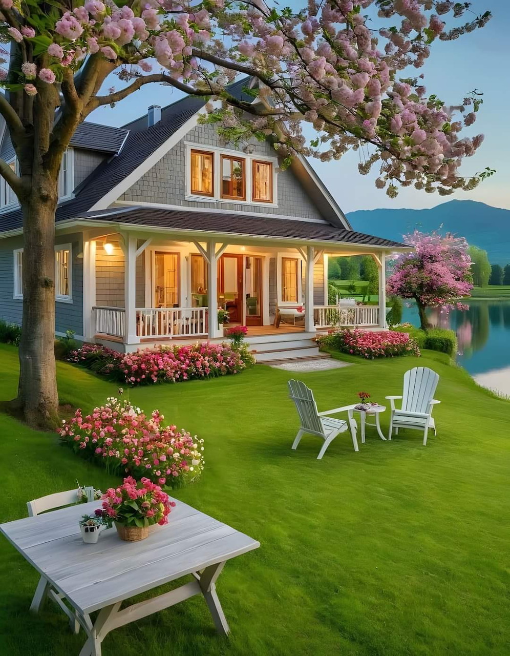 Two-story house with white porch, lawn, flowering trees and white chairs in front yard at sunset