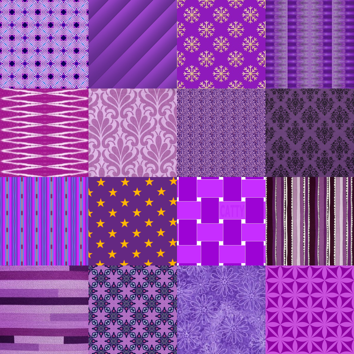 Collage of sixteen purple patchwork pattern squares with diverse geometric and floral designs