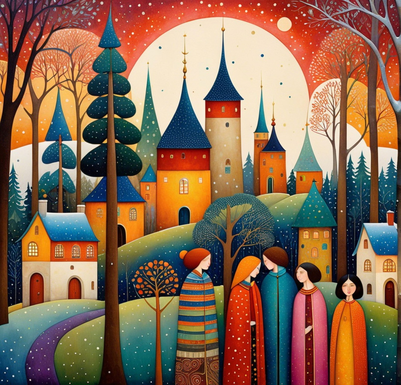 Colorful Village Folk Art Illustration