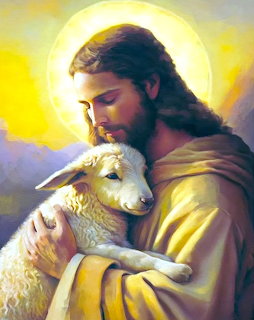 Jesus Christ with halo gently holding white lamb in golden robes, soft divine light background