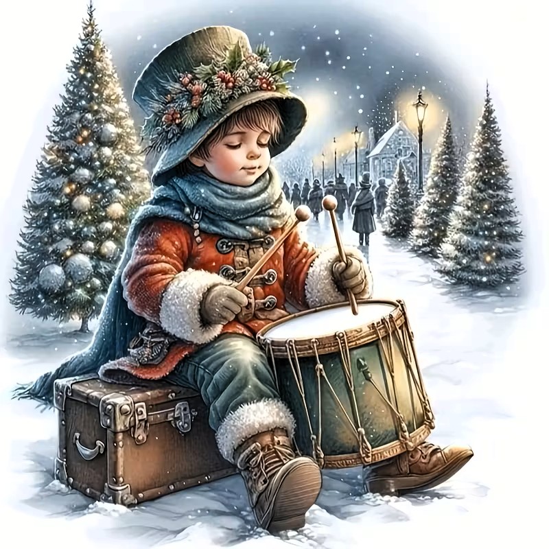 Illustration of a young boy playing a drum in a snowy winter scene with fir trees and street lamps