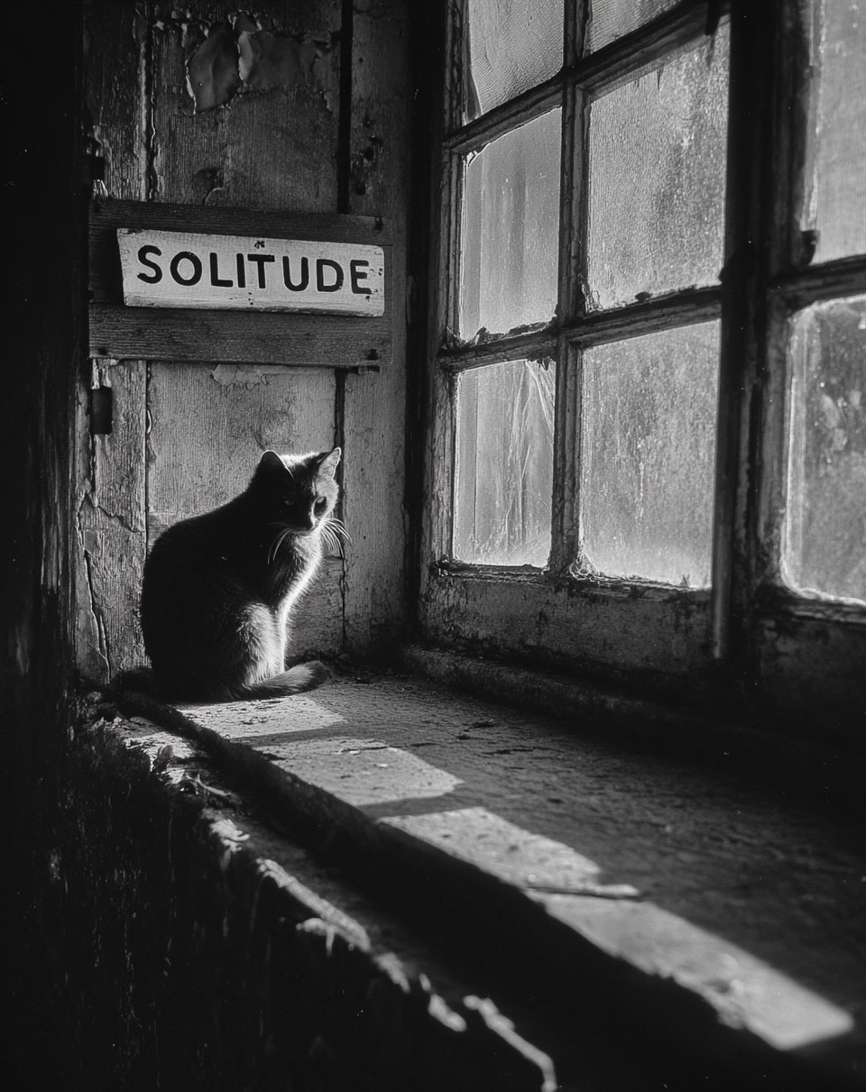Black-and-white cat sitting on a windowsill beside an old window and a Solitude sign