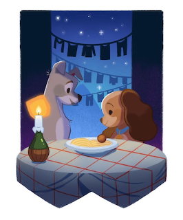 Two animated dogs sitting at a table with a candle, sharing a romantic meal under stars