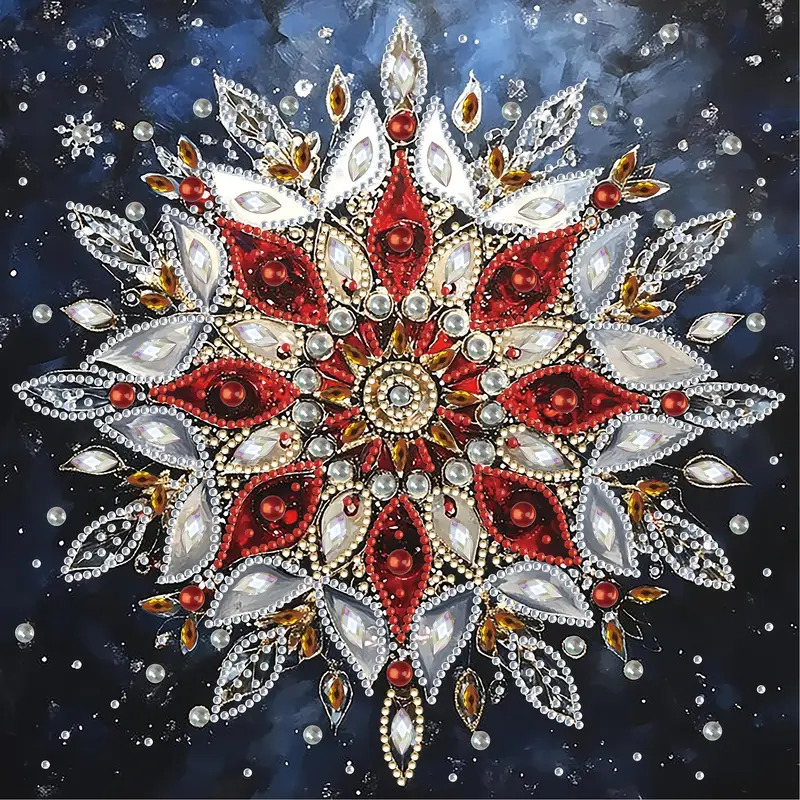 Ornate mandala with jewels, beads, and symmetrical patterns on dark background with stars
