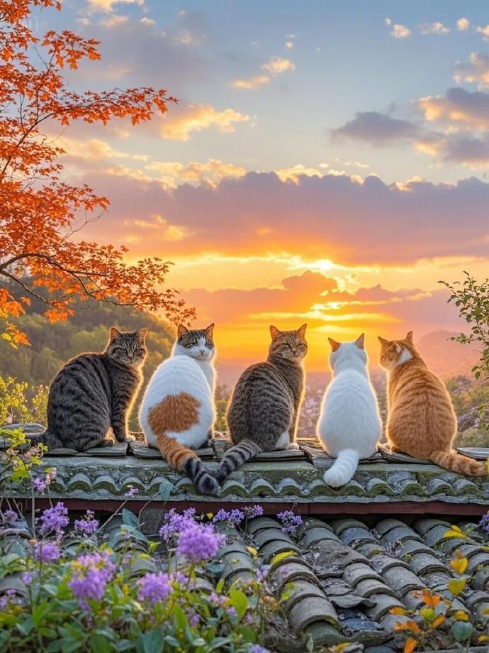 Five cats sitting on a tiled roof at sunset with flowers and trees around them