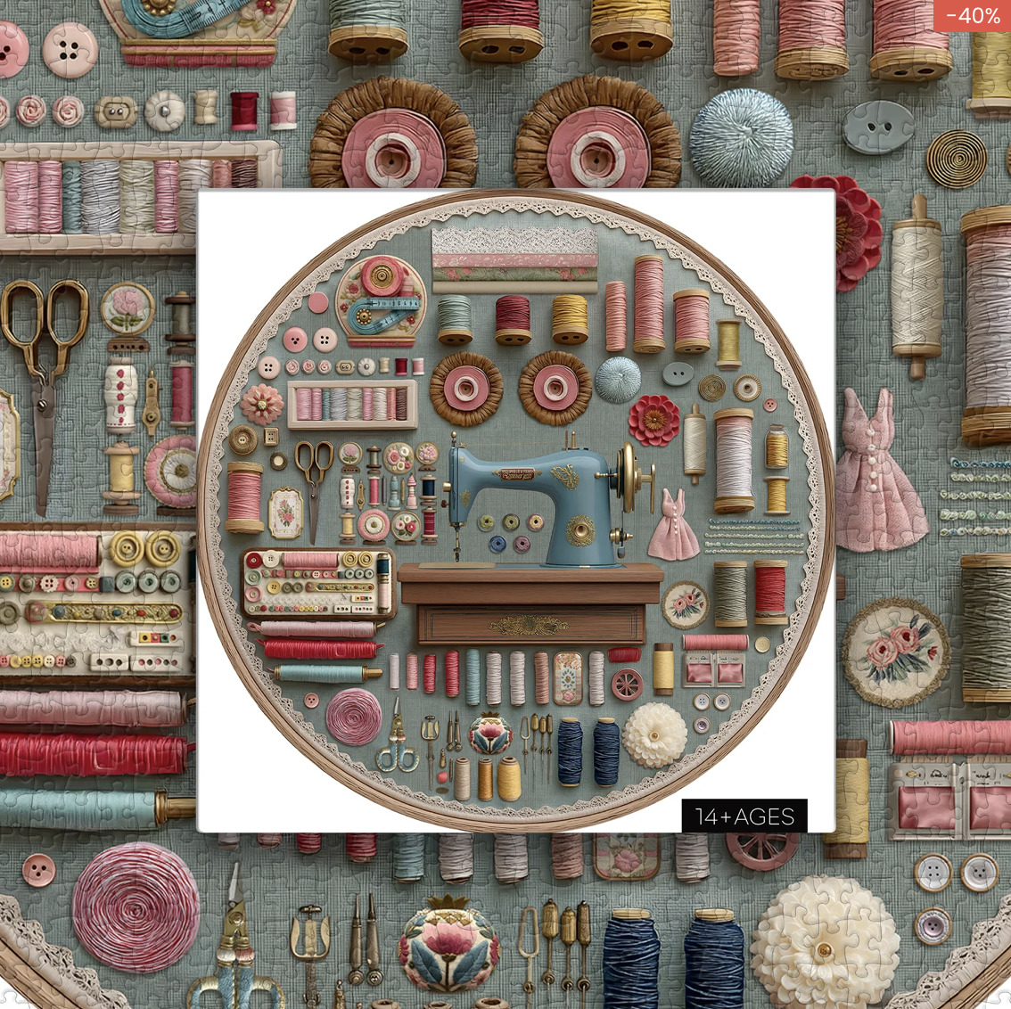 Circular collage of vintage sewing machine with colorful thread spools, buttons, and sewing supplies