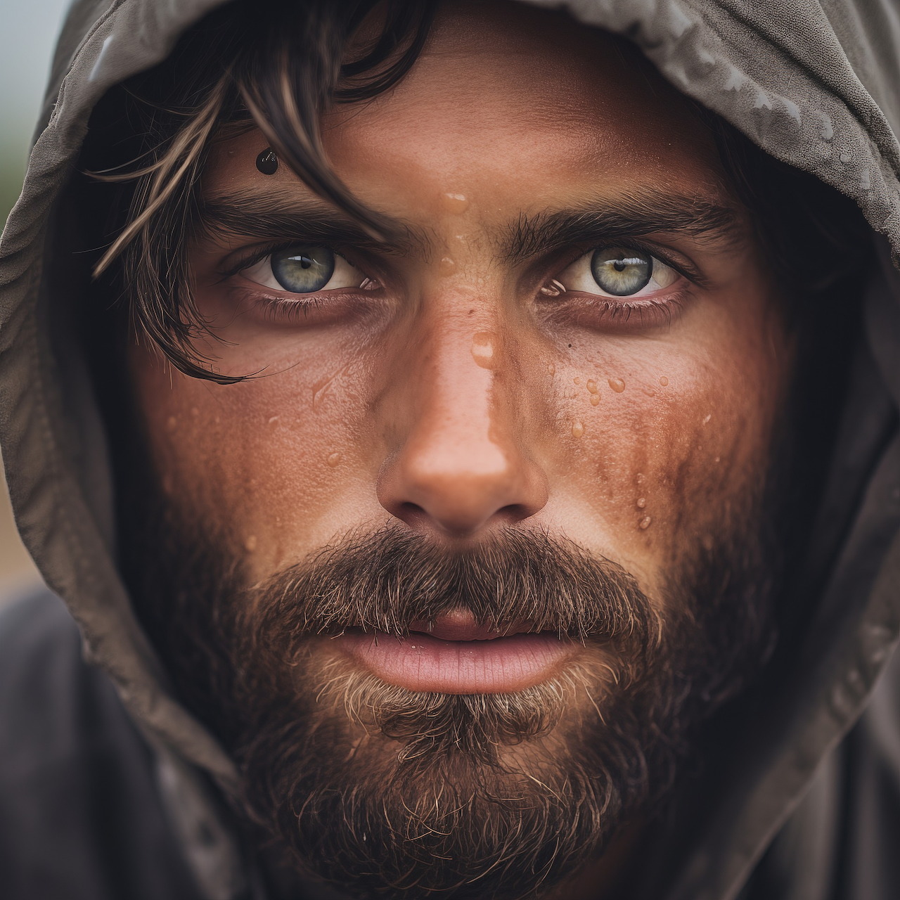 Close-up portrait of bearded man with blue-green eyes in hooded cloak