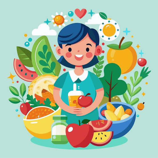 Colorful illustration of a smiling girl with apples, oranges, watermelon, and leafy plants