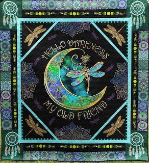 Decorative dragonfly and crescent moon illustration with ornate borders and Hello Darkness My Old Friend text