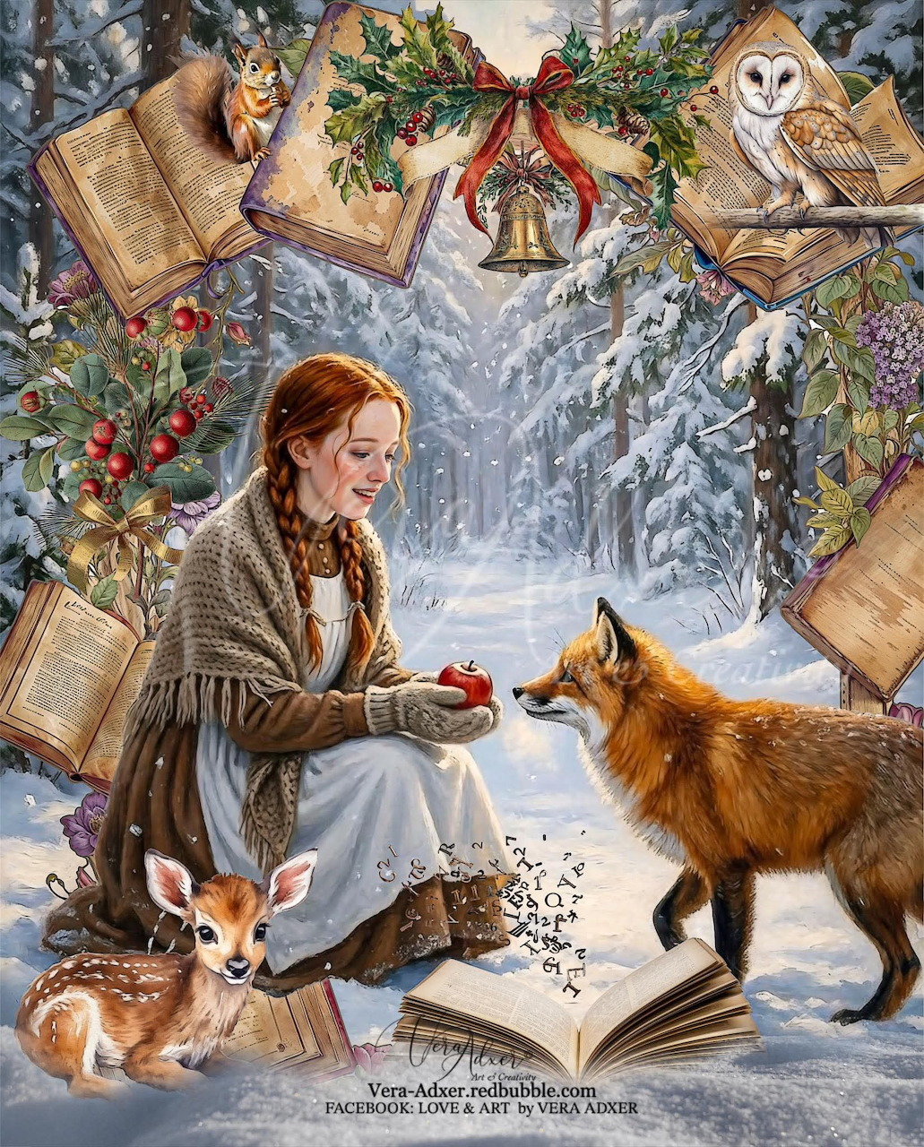 Woman reading to fox and corgi in snowy forest with floating books and Christmas wreath
