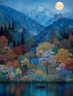 Moonlit mountain lake with autumn trees and boat under full moon