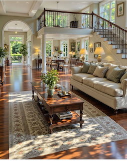 Spacious modern living room with leather sofa, coffee table, rug, staircase, and upper balcony