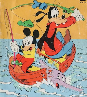 Mickey Mouse and Goofy fishing from a boat with a startled fish jumping out of the water