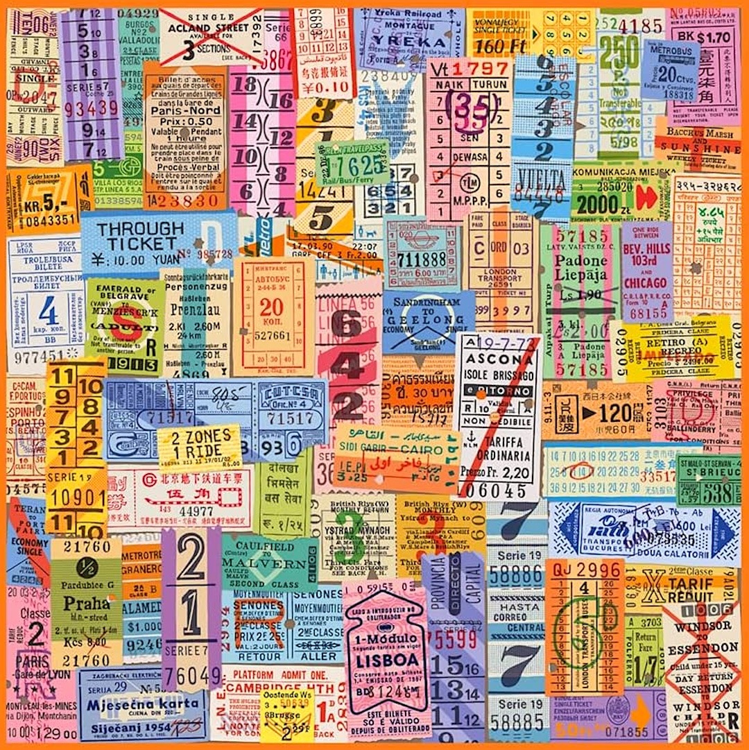 Dense collage of colorful vintage travel tickets, stamps, and transit passes overlapping in a grid arrangement