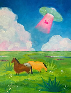 Painting of a horse in a green field beneath a UFO with a pink tractor beam