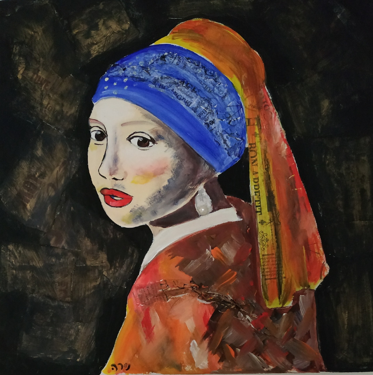 Painting of a girl wearing a blue and orange headscarf and a pearl earring on a dark background