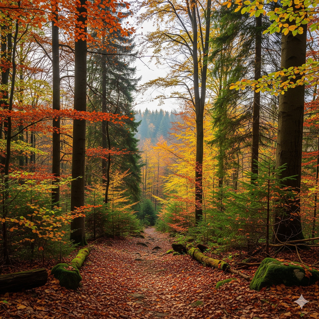 Forest path surrounded by colorful autumn trees with orange and yellow leaves leading into misty distance