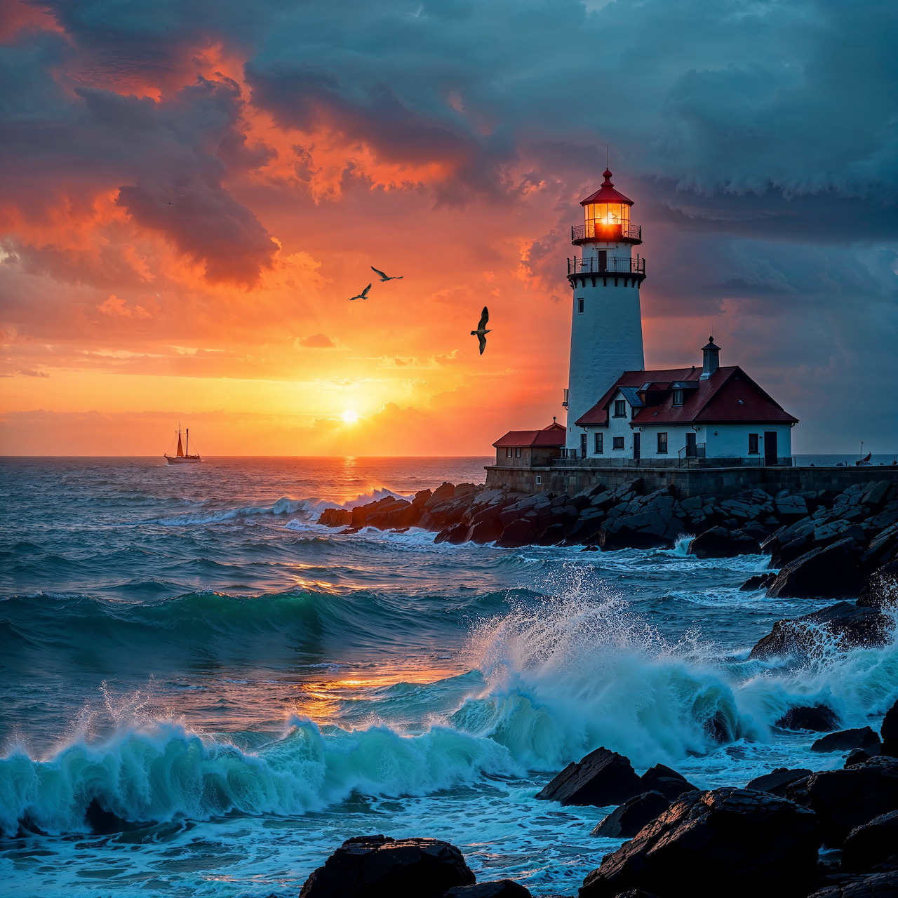 Lighthouse on a rocky coast at sunset with crashing waves and dramatic clouds