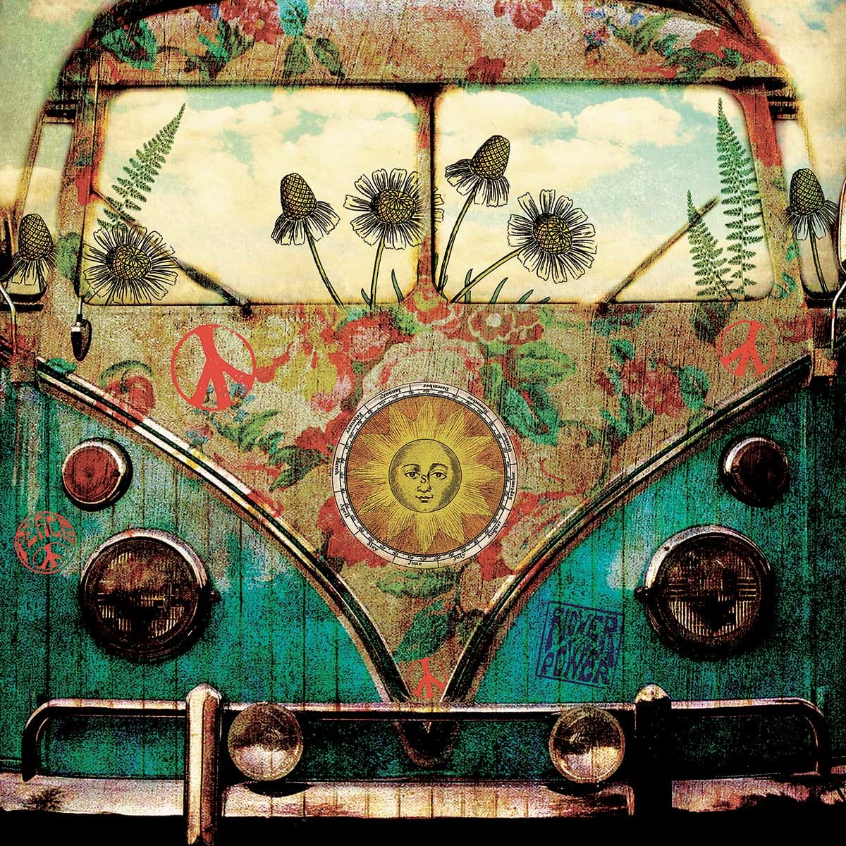 Vintage VW bus front decorated with birds, flowers, ferns and sun in artistic collage style