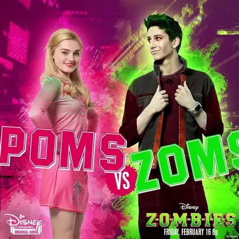 Blonde girl in pink dress and green-haired zombie boy with Poms vs Zoms text